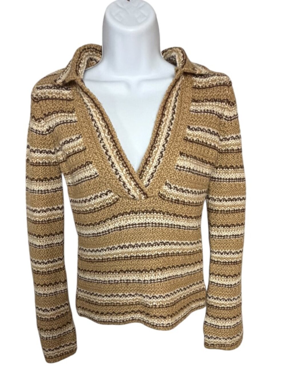 Easel S Wool Mohair Vintage Y2K Stripe Johnny Collar Sweater Brown Boho